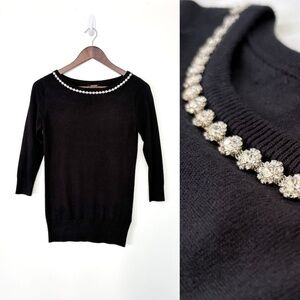 Rhinestone Jeweled Neckline Fine Knit Sweater Embellished Black Premise Size XS